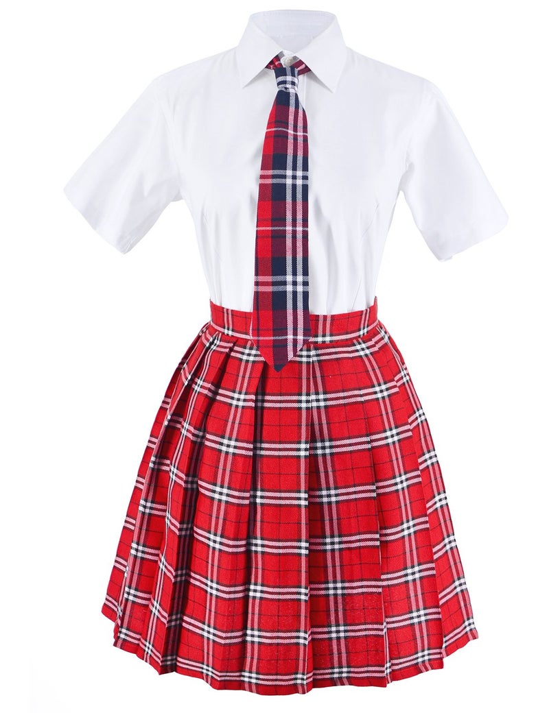 Elibelle Japanese Tartan Pleated School Uniform Cosplay Costumes with Socks Eyeglass Frame Set (Red)(XS = Asia S)(SSF09) - Image 2